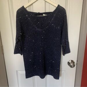 New York & Company Navy Sparkle Tie-Back Knit Top